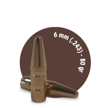 Bezolovnatá střela ráže 6mm, diametr .243, hmotnost 80grs. Tréninková střela Fox Target má identickou balistiku, jako Fox Classic Hunter.